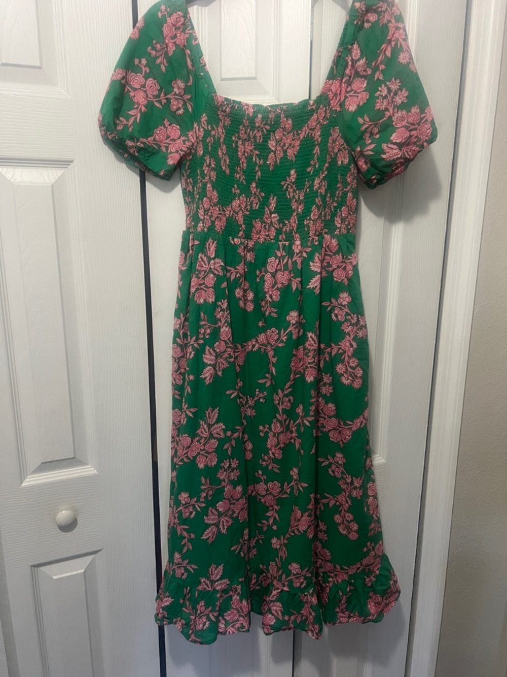 Green Floral Midi Dress with Pink Rose Print j crew